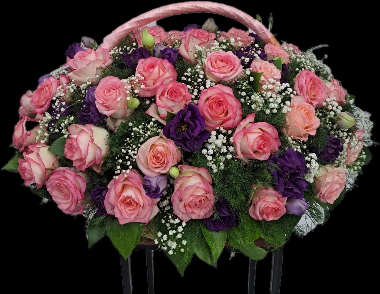 Roses and lisianthus in a basket | ծաղիկներ, ծաղկեպսակներ, բույսեր Երևան Roses and lisianthus in a basket | ծաղիկներ, ծաղկեպսակներ, բույսեր Երևան
